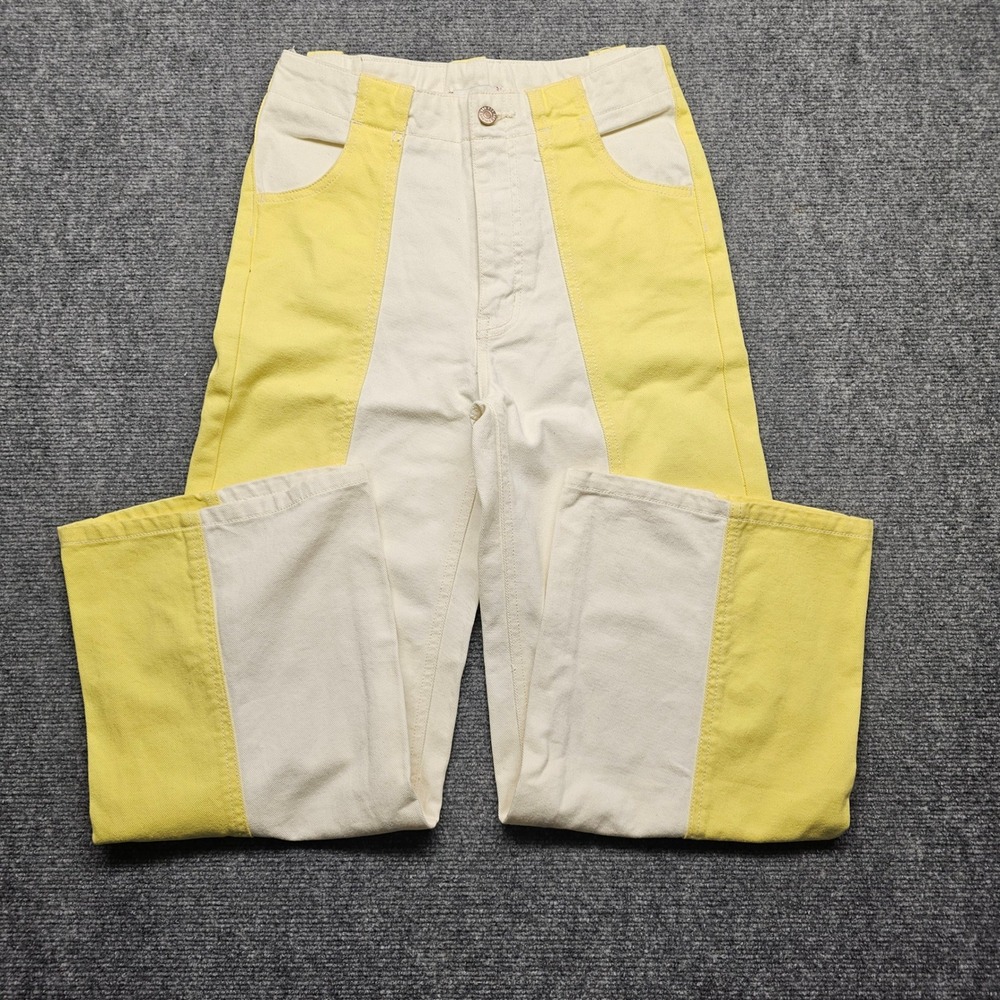 BDG Urban Outfitters High & Wide Two Tone Colorblock Jeans Yellow Cream 27